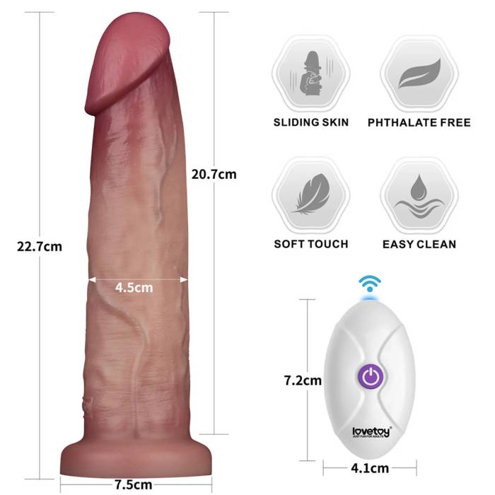 Lovetoy Sliding Skin Pro II 9" Duơng Vật Giả Rung Tuột Da Như Thật Silicon Bạch Kim 2 Lớp